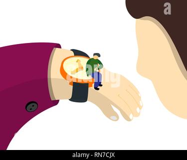 L'homme en attente de temps. Contrôle de temps grosse horloge montre-bracelet sur la main. Concept d'affaires Gestion du temps. Vector illustration isométrique Illustration de Vecteur