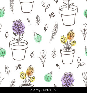 Doodle dessiné à la main avec motif transparent floral printemps feuilles et fleurs en pots. Fond floral décoratif Banque D'Images