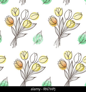 Doodle dessiné à la main avec motif transparent floral printemps feuilles et fleurs de tulipe. Fond floral décoratif Banque D'Images