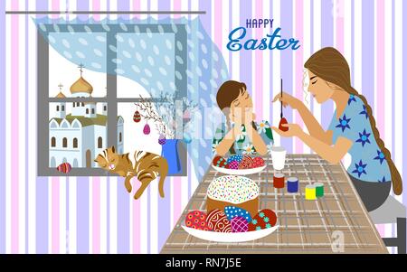 Mère et fille à la table peint des oeufs de Pâques et fenêtre donnant sur l'église orthodoxe . Illustration horizontal Illustration de Vecteur