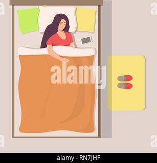 Femme dormir dans son lit, vue du dessus. Fille dort paisiblement avec sa tête près de smartphone. Chaussons sur la natte près du lit. Vector illustration en fl Illustration de Vecteur