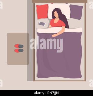 Femme dormir dans son lit, vue du dessus. Fille dort paisiblement avec sa tête près de smartphone. Chaussons sur la natte près du lit. Vector illustration en fl Illustration de Vecteur