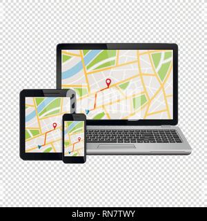 Carte de navigation GPS sur l'affichage des appareils numériques modernes isolé sur fond transparent Illustration de Vecteur