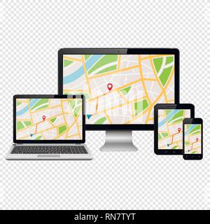 Sur la carte GPS pour appareils numériques modernes isolé sur fond transparent Illustration de Vecteur