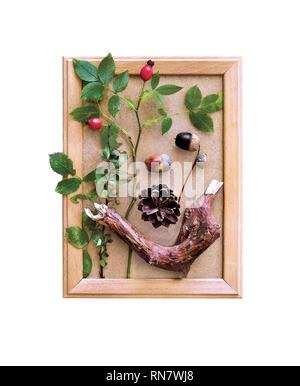 Cônes, glands, Wild Rose, feuilles vertes et sèches, brown, brindilles, trendy, joliment décorées dans un cadre en bois, décoration sur le thème de la nature, un po Banque D'Images