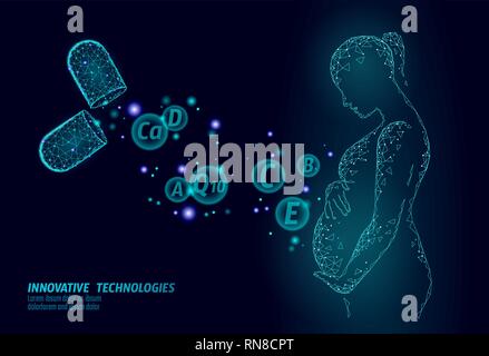 Complément alimentaire grossesse vitamine capsule. Soins de santé maternité médecine pharmaceutique chimie sciences innovation la technologie de rendu 3D polygonale. Femme Illustration de Vecteur