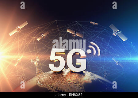 Conflit autour de 5G network illustré avec gros plan sur le globe et les lumières rouge et bleu sur les côtés opposés. La guerre sur réseau 5G concept. Le rendu 3D Banque D'Images