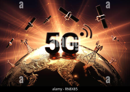 Conflit autour de 5G network illustré avec gros plan sur le globe et rouge et orange flare. La guerre sur réseau 5G concept. Le rendu 3D Banque D'Images