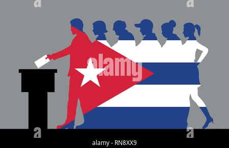 Les électeurs cubains foule silhouette comme drapeau de Cuba en votant aux élections. Tous les objets, la silhouette et l'arrière-plan sont dans des couches différentes. Illustration de Vecteur