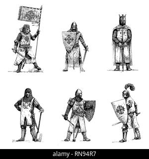 Croisés médiévaux illustration. Ensemble de 6 chevaliers. Dessin numérique historique. Banque D'Images