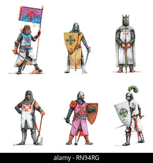 Médiéval illustration. Ensemble de 6 champions. Dessin crayons de couleur historique. Banque D'Images