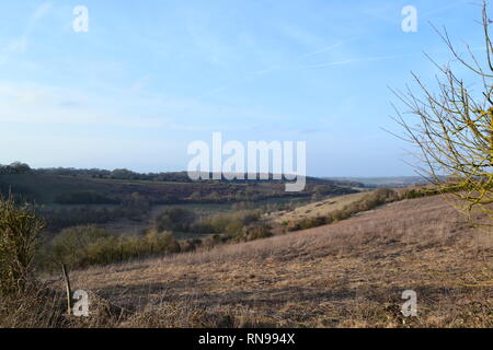 Vue d'Austin Lodge valley et Magpie bas de près de Romney Street, Kent, en février 2019 sur une chaude journée étrangement. On soupçonne le changement climatique Banque D'Images
