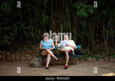 Couple reading dans un parc sur un banc avec une forêt de bambous derrière eux sur un chemin de sable, la lecture et l'accent sur leur propre activité mais dans l'ambiance Banque D'Images