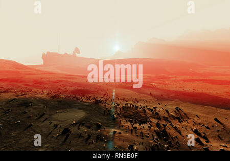 Planète Rouge Mars misty sunset paysage, les roches du désert, base de l'espace plat de radar, 3d illustration Banque D'Images