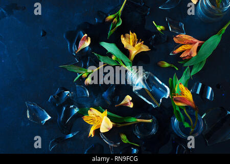 Broken Glass Vase avec fleurs jaunes. Fleurs de Printemps concept avec l'alstroemeria sur fond noir avec l'exemplaire de l'espace. Banque D'Images