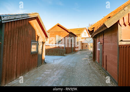 Eksjo, smaland, Sweden-January 18, 2019 : Eksjo est une ville dans le sud de la Suède, avec quelques maisons anciennes en couleurs rouge, il a été déclaré une ville par Eric de Banque D'Images