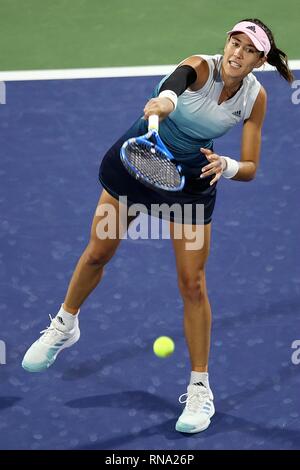 Dubaï. Feb 17, 2019. Garbine Muguruza d'Espagne renvoie la balle au cours de la première série de match contre Dayana Yastremska de l'Ukraine de Dubai Duty Free tennis WTA Championships 2019 à Dubaï, Émirats arabes unis, 17 février, 2019. Garbine Muguruza a gagné 2-1. Credit : Mahmoud Khaled/Xinhua/Alamy Live News Banque D'Images