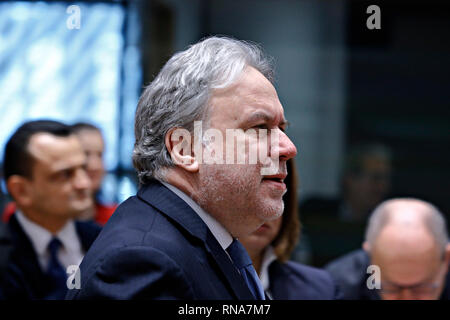 Bruxelles, Belgique. 10 févr. 2019 18. Le ministre des Affaires étrangères grec Georgios Katrougalos participe à l'Union européenne au Conseil Affaires étrangères . Alexandros Michailidis/Alamy Live News Banque D'Images