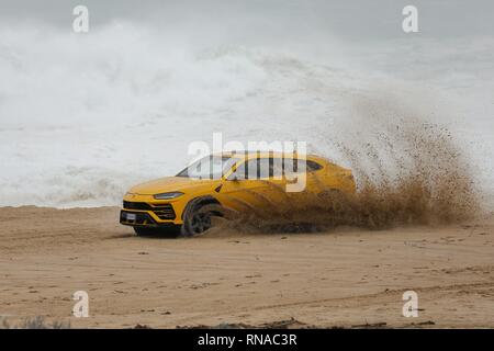 Caldas da Rainha, Portugal. Feb 18, 2019. Grosse Vague surfer Alessandro Marciano (accent sur 'o') a décidé de montrer son tout nouveau Lamborghini Urus 4x4 sur la plage de Praia do Norte, sur la côte atlantique du Portugal. Alessandro, un surfeur italien passe beaucoup de son temps à Nazare où les vagues sont le plus important au monde à être trouvés. Malheureusement, mauvais garçon Alessandro semble avoir contrarié la police locale et presque perdu son luxury 4x4 à la marée montante lorsqu'il a réussi à se coincer dans le sable mou. Credit : Gareth LLewelyn/Alamy Live News Banque D'Images