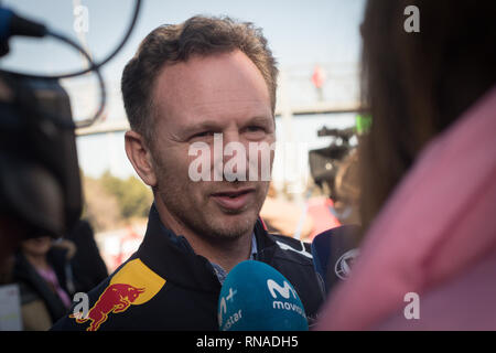 Montmelo, Barcelone, Espagne. Feb 18, 2019. Aston Martin Racing Red Bull Christian Horner-chef de l'équipe assiste aux médias sur le circuit de Catalunya à Montmelo (Barcelone). Crédit : Jordi Boixareu/Alamy Live News Banque D'Images