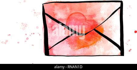 Un vecteur et aquarelle dessin d'une enveloppe rose avec un coeur, un valentin ou une lettre d'amour illustration sur fond blanc Illustration de Vecteur