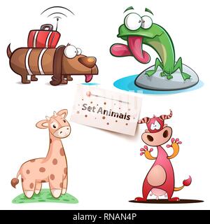 Chien, grenouille, girafe, vache - Set animaux. Illustration de Vecteur