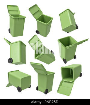 Le rendu 3D d'une série de 9 poubelles vert clair isolé sur fond blanc. Banque D'Images