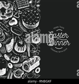 Dîner de Pâques Modèle de page. Vector hand drawn illustrations sur tableau. Joyeuses Pâques le dîner de style vintage. Arrière-plan avec la nourriture, viande, vegetab Illustration de Vecteur