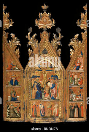 Lorenzo Veneziano (actif entre 1356 et 1372). Triptyque portable avec une Crucifixion centrale (ca. 1370 - 1375). Tempera et or sur panneau. Panneau central : 83,6 x 30,7 cm ; ailes latérales : 83 x 15 cm. Musée : Musée national Musée Thyssen-Bornemisza, Madrid. Banque D'Images