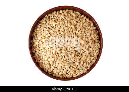 Les grains d'orge (Hordeum vulgare) dans bol en bois isolé sur fond blanc Banque D'Images