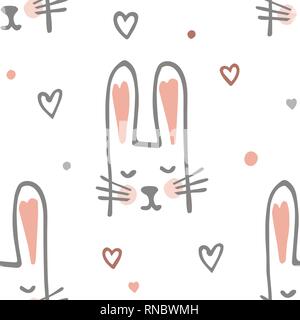 Cute Cartoon Baby Rabbit Bunny ou modèle sans couture. Vector Illustration. Hand Drawn Doodle Arrière-plan. Illustration de Vecteur