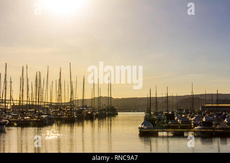 Vue panoramique du port de plaisance de Dénia au lever du soleil Banque D'Images