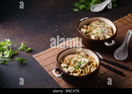 Bol de ramen japonais avec le poulet et le tofu. Fond sombre. Banque D'Images