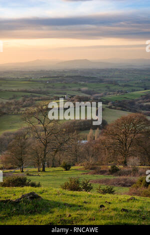 Vue à travers champs vers la montagne noire, Monmouthshire, Wales. Banque D'Images