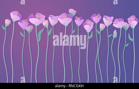 Coupe papier bannière fleurs printemps 3d en mauve et violet couleurs. Les éléments de décoration pour la maison de design. Vector illustration papier coupé style. Illustration de Vecteur