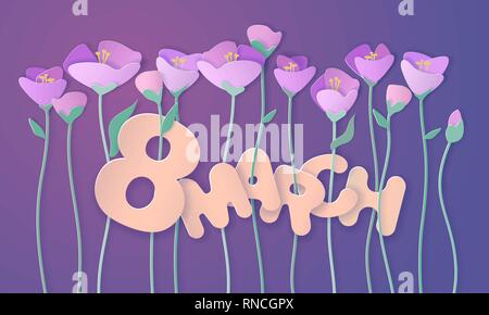 Heureux 8 mars Journée de la femme carte de vœux. Coupe papier bannière fleurs printemps 3d en mauve et violet couleurs. Vector illustration papier coupé style. Illustration de Vecteur