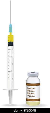 La vaccination, la rougeole, les oreillons et la rubéole médical Seringue avec aiguille en plastique et le flacon isolé sur un fond blanc. Vector Illustration. Illustration de Vecteur