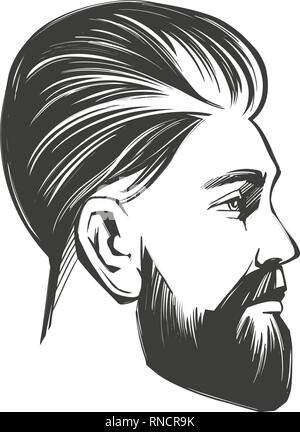 Homme barbu de profil, coiffeur, coiffure, coupe de cheveux, hand drawn vector illustration croquis réalistes Illustration de Vecteur