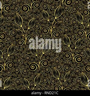 Résumé motif fleurs d'or, sans ornement de luxe, illustration minimaliste, vector background. Les bourgeons fermés d'or, les tiges et boucles spirale lac Illustration de Vecteur