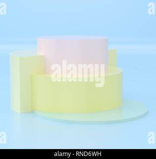 Le rendu 3D, abstrait arrière-plan géométrique, maquette moderne, cylindre podium, modèle vierge, vitrine vide, shop, bleu pastel, rose, jaune Banque D'Images