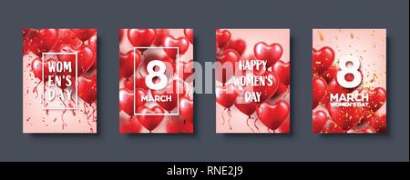 La journée de la femme avec l'arrière-plan, des ballons rouges en forme de coeur.Confetti et ruban. Symbole d'amour. Le 8 mars. Je vous aime. Vector illustration. Illustration de Vecteur