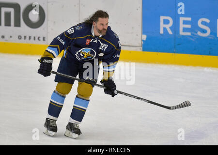 Ex-joueur de la LNH Jaromir Jagr de Kladno est perçu avant la Première Ligue de hockey tchèque Havirov - match Kladno, en République tchèque, Havirov, lundi 18 février, 2019. 47-ans player est revenu sur la glace après un an et un jour il ne pouvait pas jouer en raison de sa blessure. (Photo/CTK Jaroslav Ozana) Banque D'Images