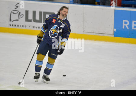 Ex-joueur de la LNH Jaromir Jagr de Kladno est perçu avant la Première Ligue de hockey tchèque Havirov - match Kladno, en République tchèque, Havirov, lundi 18 février, 2019. 47-ans player est revenu sur la glace après un an et un jour il ne pouvait pas jouer en raison de sa blessure. (Photo/CTK Jaroslav Ozana) Banque D'Images