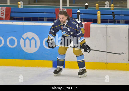 Ex-joueur de la LNH Jaromir Jagr de Kladno est perçu avant la Première Ligue de hockey tchèque Havirov - match Kladno, en République tchèque, Havirov, lundi 18 février, 2019. 47-ans player est revenu sur la glace après un an et un jour il ne pouvait pas jouer en raison de sa blessure. (Photo/CTK Jaroslav Ozana) Banque D'Images