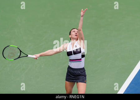 Dubaï, Émirats arabes unis. Feb 19, 2019. De la Roumanie : Simona sert dans le deuxième tour contre Eugenie Bouchard du Canada pendant le Dubai Duty Free Tennis championnat au stade de tennis international de Dubaï, DUBAÏ, ÉMIRATS ARABES UNIS Le 19 février 2019. Photo de Grant l'hiver. Credit : UK Sports Photos Ltd/Alamy Live News Banque D'Images