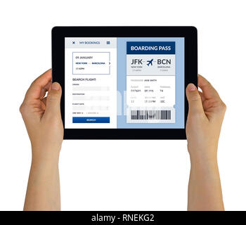 Hands holding digital tablet computer avec concept d'embarquement à l'écran. Isolé sur blanc. Tous les contenu de l'écran est conçu par moi Banque D'Images