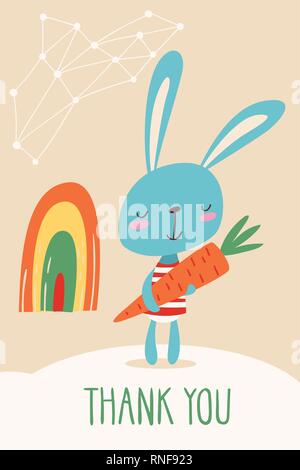 Merci carte vectorielle avec un lapin tenant une carotte Illustration de Vecteur