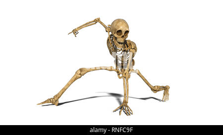 Funny break dancing skeleton sur le plancher, squelette humain exerçant sur fond blanc, 3D Rendering Banque D'Images