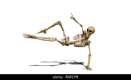 Funny dancing skeleton sur le plancher, squelette humain exerçant sur fond blanc, 3D Rendering Banque D'Images