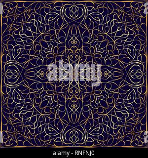 Mouchoir bleu avec de l'or l'ornement. Ornement carré pour imprimer sur du tissu, vector illustration. Illustration de Vecteur